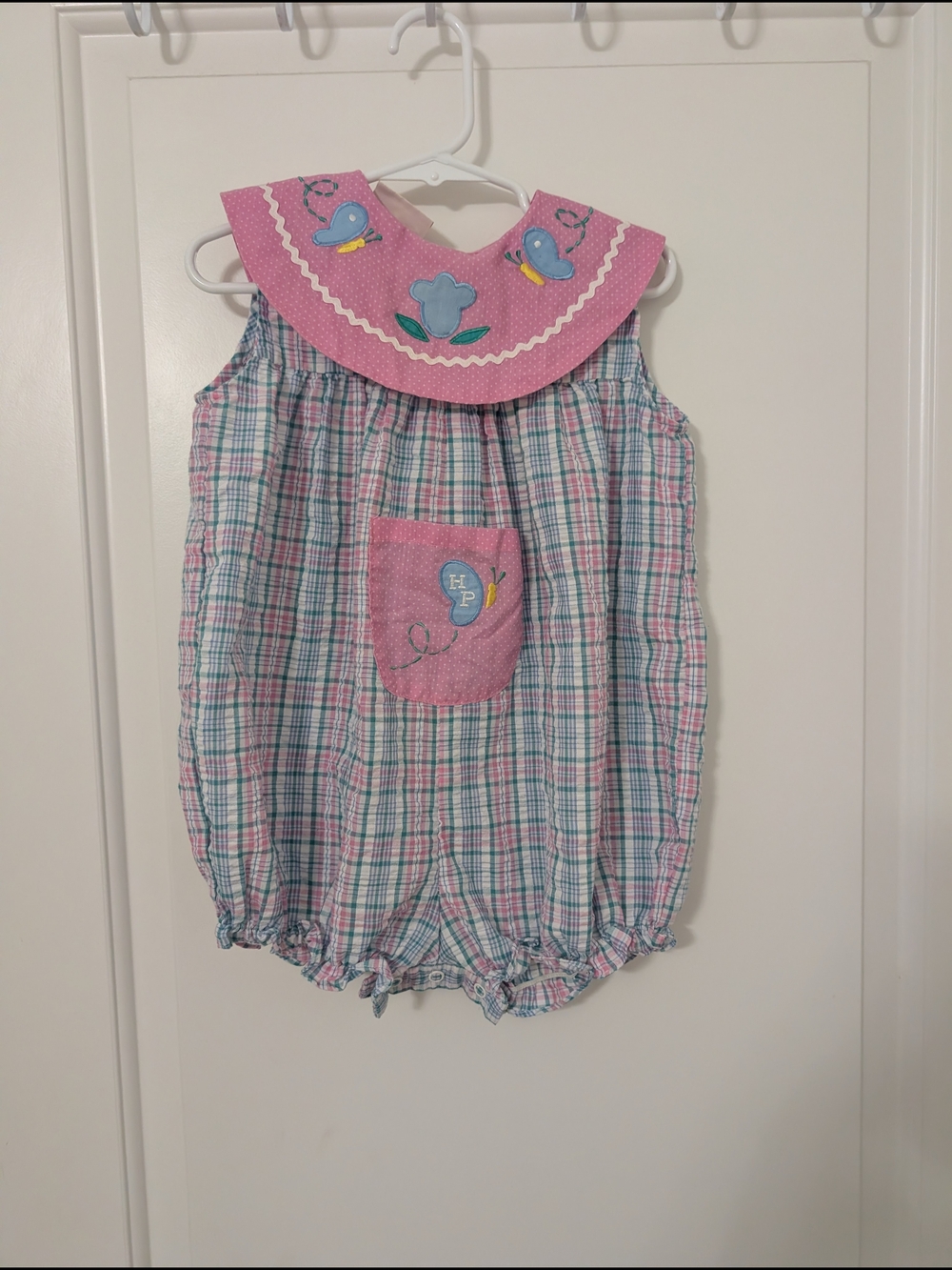 Vintage Pink & Blue Plaid Baby Romper with Butterfly And Flower Detail